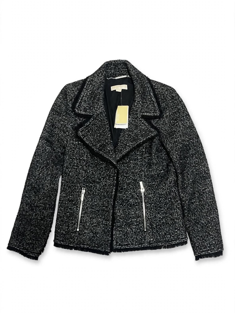 MICHAEL Michael Kors Tweed Moto Jacket Size 4 Black White Fringe Zip $295 NWT